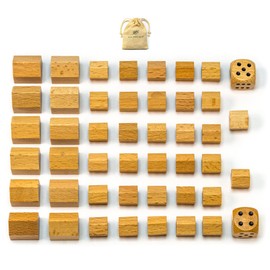 Waldfelsen® Wooden Toy Figures: 32 Blank Houses, 12 Blank Hotels and Two Eye Cubes with Cloth Bag | Blank Game Material