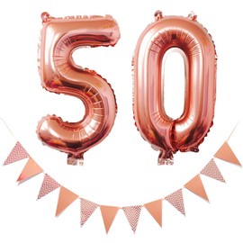 Number 50 Foil Balloons with Bunting, 50th Birthday Helium Foil Balloons Giant Big 40inch Rose Gold and Silver Flag for Surprise Party Decorations Anniversary