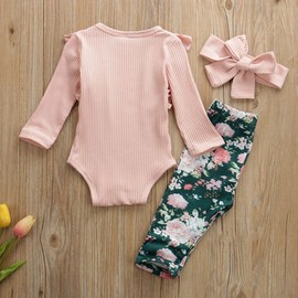Geagodelia T-38207 Baby Clothes Set Baby for Girls, Long Sleeve Bodysuit Romper + Floral Pants + Headband, Newborn Toddler Warm Baby Clothes Set - Pink