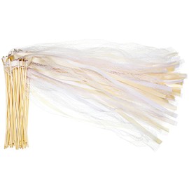 Vinsot 100 Pieces Lace Ribbon Wedding Wand Sticks Party Streamers with Bells Lace Silk Fairy Stick Wand Streamers for Wedding Send Off Party Activities Holiday Celebration Favors(Champagne)