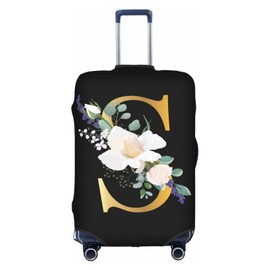 Flower Letter S Black Luggage Cover Elastic Washable Stretch Suitcase Protector Anti-Scratch Travel Suitcase Cover for Kid and Adult S (18-21 inch suitcase)