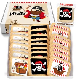 Pirate Themed Cookies Party Favors Birthday Baby Shower | Individually Wrapped 24 Pack Bulk | Theme Printed Cookie Treats snack Treasure Chest Pirateship Skull