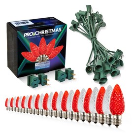 Pro Christmas C9 LED Christmas Lights Kit for Rooflines & Pathways – Cut to Length, Heavy Duty Commercial Grade (White Wire w/Vampire Plugs, 25 Bulbs, 25 ft) Pure White & Red