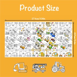 Paper Tablecloth for Colouring, 137 x 274 cm Colouring Tablecloth for Children's Activity, Rectangle Waterproof Puzzle Tablecloth, Engineering Vehicle Theme Party Decorations for Children's Birthday