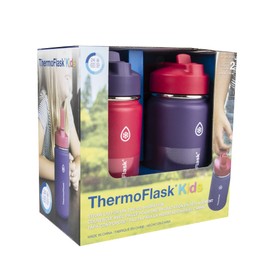 ThermoFlask Kids Bottle with Straw Lid - Durable & Dishwasher-Safe Water Bottles & Lids - Leak-Proof Bottle Lid Design - Reusable Water Bottles for Everyday Use - 14 oz, Punch/Eggplant (2 Pack)