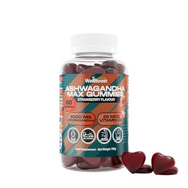 WellBoost Ashwagandha Max Gummies – 3000mg Ashwagandha & 250mcg Vitamin D2 – Vegan, Sugar-Free Strawberry Flavour Gummies for Adults (1 Month Supply)