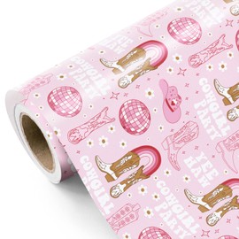 WRAPAHOLIC Cowgirl Wrapping Paper Roll - Mini Roll - 17 Inch x 16.5 Feet - Retro Cowgirl Boot and Disco Ball Wild Western Wrapping Paper Perfect for Women Girls Birthday, Nashville Party