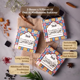 Oud Al Madhmoon Bakhoor عود المدمون بخور by Dukhni | 3 Boxes x 9 Piece Each | Arabic Bakhoor Incense | Fruity Floral Oud Blend | Perfect for Prayer Time | to Relax & Meditate