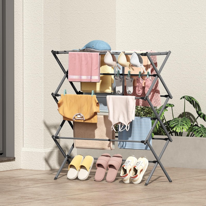 3-Tier Extendable Clothes Drying Rack, Small & Foldable, Grey