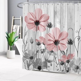 AUEEA Vintage Floral Pink Shower Curtain for Bathroom Decor, Rustic Farmhouse Grey Flower on Vintage Wood Boards Bathroom Shower Curtain Sets Wildflower Polyester Fabric Bathroom Curtain, 72x72 inch