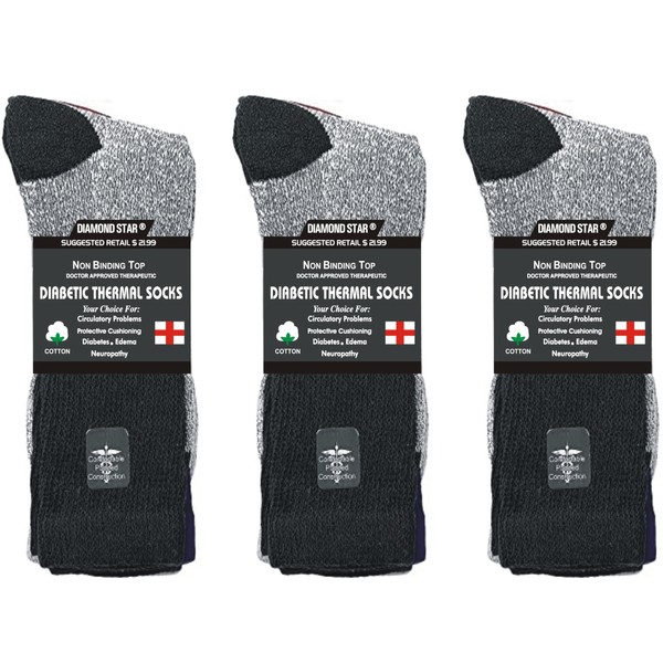3, 6 or 12 Pairs Pack Doctor Recommend Thermal Diabetic Crew Soft Cotton Socks Keep Foot Warm Non-Binding Top (3 Pairs Black, 10-13 Men Size)