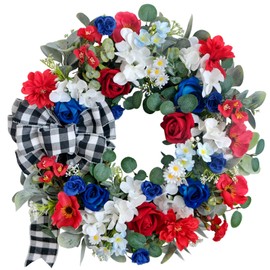 idyllic 22 Inch Patriotic Wreath 4th of July Wreaths for Front Door Red White and Blue Wreath Artificial Roses Hydrangea and Plaid Bow for Memorial Independence Day Spring Indoor Outdoor Decorations
