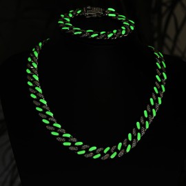 JUNVirtuous 2 Pieces Cuban Link Chain Mens Iced Out Miami Cuban Necklace and Bracelet Silver Bling Diamond Hip Hop Jewelry for Men and Women… (Silver Luminous, 8" Bracelet and 18" Necklace)