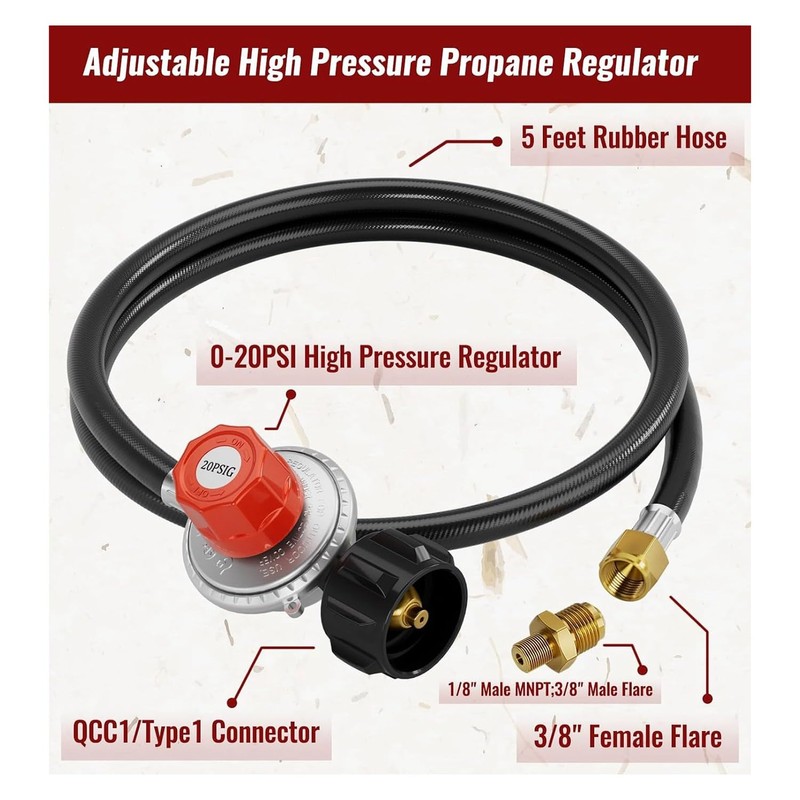 5FT High Pressure Propane Regulator Hose, 0-20PSI Adjustable Propane Tank