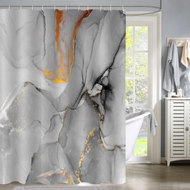 Gibelle Abstract Marble Shower Curtain, Grey Jade Texture Gold Stripes Ombre Watercolor Paint, Modern Ink Art Decor Waterproof Fabric Shower Curtain for Bathroom Set with Hooks, 71x71