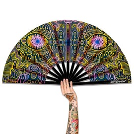 Raveahem UV Glow Rave Fan, Bamboo Folding Clack Hand Fan for Men Women (Space Psychedelic, Large 13")