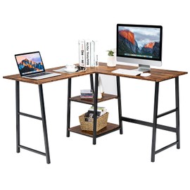 Tangkula L Shaped Desk, Space Saving Corner Desk w/ 2 Tier Storage Shelves, Study Writing Desk Workstation with Reinforced Metal Frame, Home Office Desk (Rustic Brown)