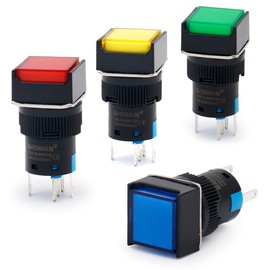 Baomain Interruptor de botón de 5/8 pulgadas, 16 mm, tapa cuadrada, lámpara LED, rojo, amarillo, azul, verde, luz CC, 12 V, SPDT, 5 pines, paquete de 4