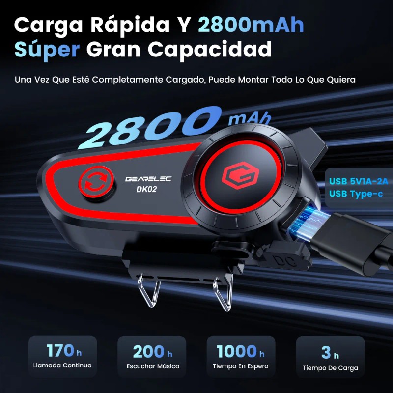 Gearelec Dk02 Audífonos Para Casco De Motos 2800mAh Bluetooth5.2 Impermeables