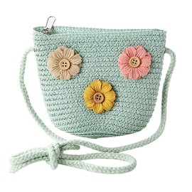 HGSHUO Girls' Bags Flowers Straw Bag with Zip Straw Bag Crossbody Bag Straw Shoulder Bag Boho for Holiday Travel Outdoor Activities Easter Party Bag Gifts Green