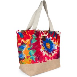 styleBREAKER 02012389 Women's Beach Bag with Colourful Floral Pattern Print, Toggle Button Closure, XXL Shoulder Bag, Shopper, Red-blue-orange
