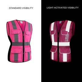 RSMINUO Reflective Safety Vest for Women, High Visibility Mesh Breathable Lady WorkWear with Pockets and Zipper (Pink, Medium)