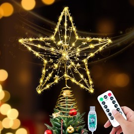SIXVALA Christmas Star Tree Topper, 10 Inch 20 LED Metal Gold Glittered Christmas Tree Topper with Remote Control, 8 Lighting Mode for Christmas/Holiday/Indoor Winter Decor, USB Plug in/Wire 9.84Ft