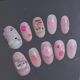 Strawberry Cozy Cat's Homemade Nail Tips - Short Ballerina / 딸기포근냥이 수제네일팁 - 숏발레리나