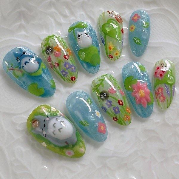 Teilihai 24Pcs Flower Press on Nails Medium Almond Cartoon Fake