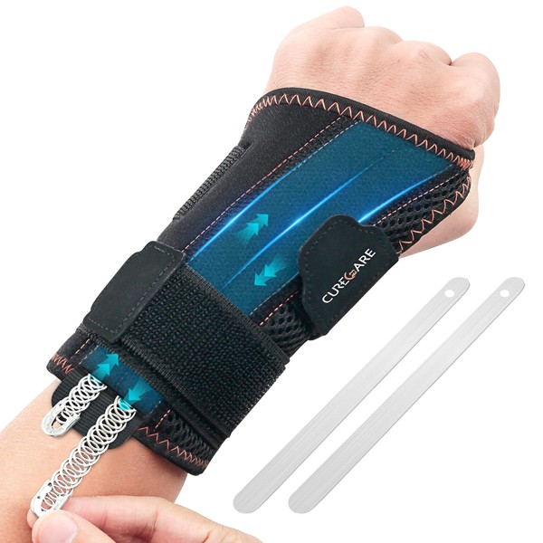CURECARE Wrist Support with 2 Interchangeable Splints, Wrist Brace for Pain Relief, Adjustable Carpal Tunnel Syndrome Splint, Wrist Bandages for Tendinitis, Arthritis (S/M, Left)