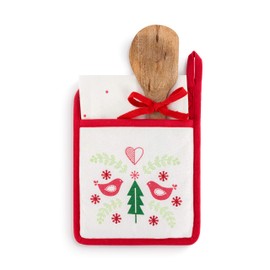 Holly Jolly White 28 x 17 Cotton Mango Wood Holiday Hot Pad, Towel, Spatula Set