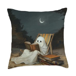 Cute Ghost Reading Books At Camping Trip Bookish Summer Throw Pillow
