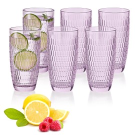 CREATIVELAND Highball Beverage Glasses Set of 6 Romantic Colored Thick & Heavy Base Big Capacity 14.87oz|440ml, Drinking Glass Tumblers for Iced Tea, Water, Soda & Juice and Cocktails (Purple)