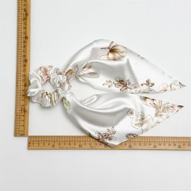 Women's Beige Yellow Scarf Scrunchies for Hair Ribbon Ties Bow Scrunchies with tail, Chiffon Floral Polka Dot Scrunchie Long Hair Bands Ties Ponytail Holder (4 PCS Flower)