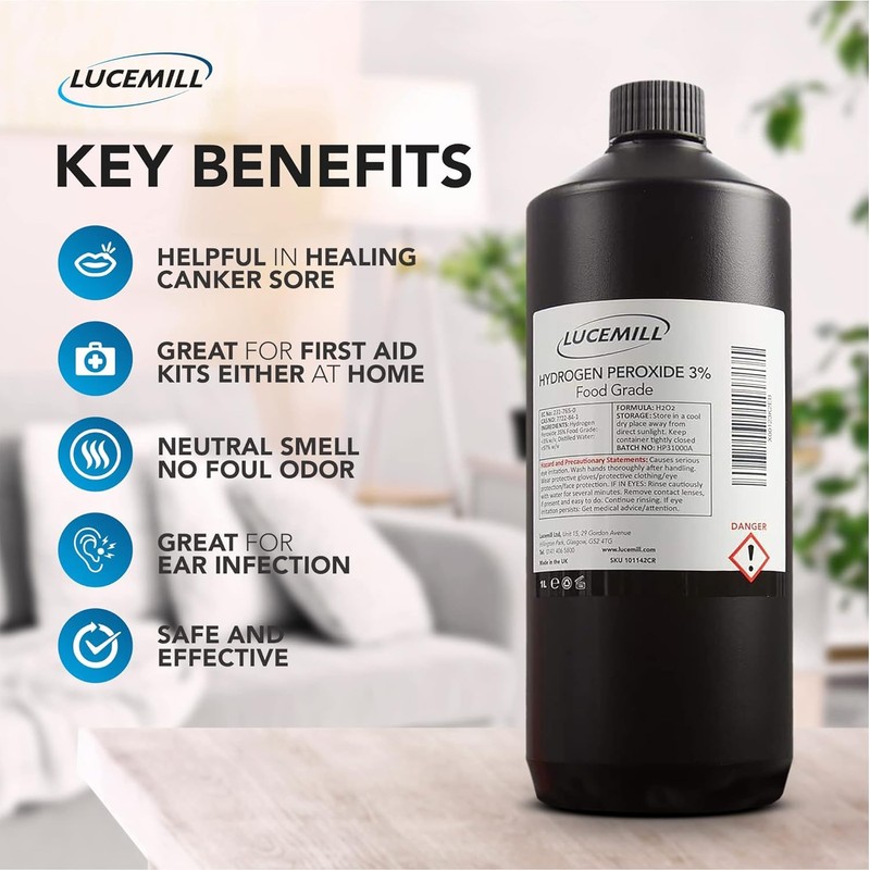 1 LITRE HYDROGEN PEROXIDE (3%) FOOD GRADE w/Black Flip Top