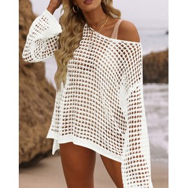 ZESICA Women's 2024 Summer Crochet Hollow Out Long Sleeve Beach Bikini Swimsuit Mesh Cover Up Tunic Top,Apricot,Small