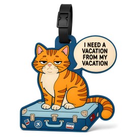 Vacation Mood Orange Tabby Silicone Luggage Tag for Suitcases, Flexible Travel Name Label with Adjustable Strap, Funny Bag Identifier for Carry On Bags, Backpacks, School Bags and Pet Lovers