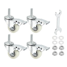 PATIKIL 1.5 Inch Stem Caster Wheels with Brake, 4 Pack Low Profile Nylon Threaded Shelf Swivel Wheel M8 x 25 mm Total Load 397 Lbs for Cart Wire Shelving Racks Leveling, White