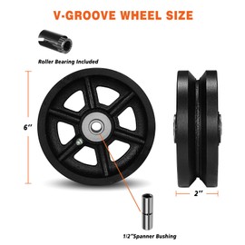 CWfutureparts 6" X 2" Cast Iron V Groove Wheel with Roller Bearing, 1000 lbs Capacity,Industrial Metal Casters for Roll Tracks, Rolling, Sliding Gates(1Pack Black)