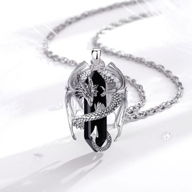 INFUSEU Crystal Dragon Necklace, Nordic Dragon Wrapped Cylinder Gemstone Black Obsidian Crystal Pendant Healing Crystal Pendant Gothic Natural Crystal Jewelry Gift for Men Women