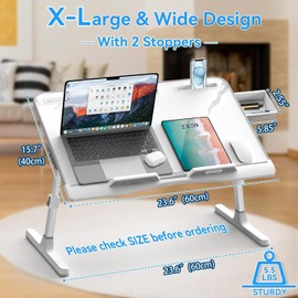 EVETTO Bed Desk for Laptop - Marble Pattern, Adjustable X-Large Foldable Lap Desk, Laptop Lap Desk with 2 Movable Stoppers and Drawer for Bed Couch Floor Writing Eating Working (23.6 inch)