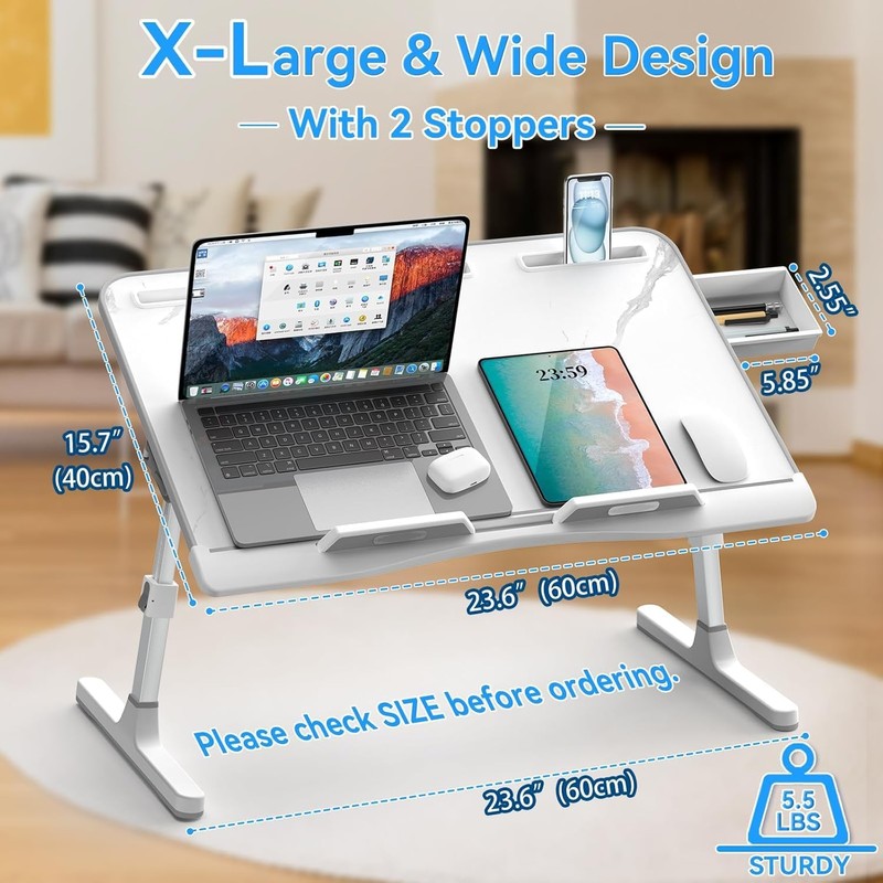 EVETTO Bed Desk for Laptop - Marble Pattern, Adjustable X-Large