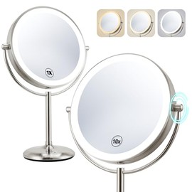 Lighted Makeup Mirror with Magnification: 9'' Rechargeable 1x/10x 360° Rotation Double Sided Magnifying Mirror with Light, 3 Lighting Colors, Base Touch, Standing Desk Mirror, Brushed Nickel