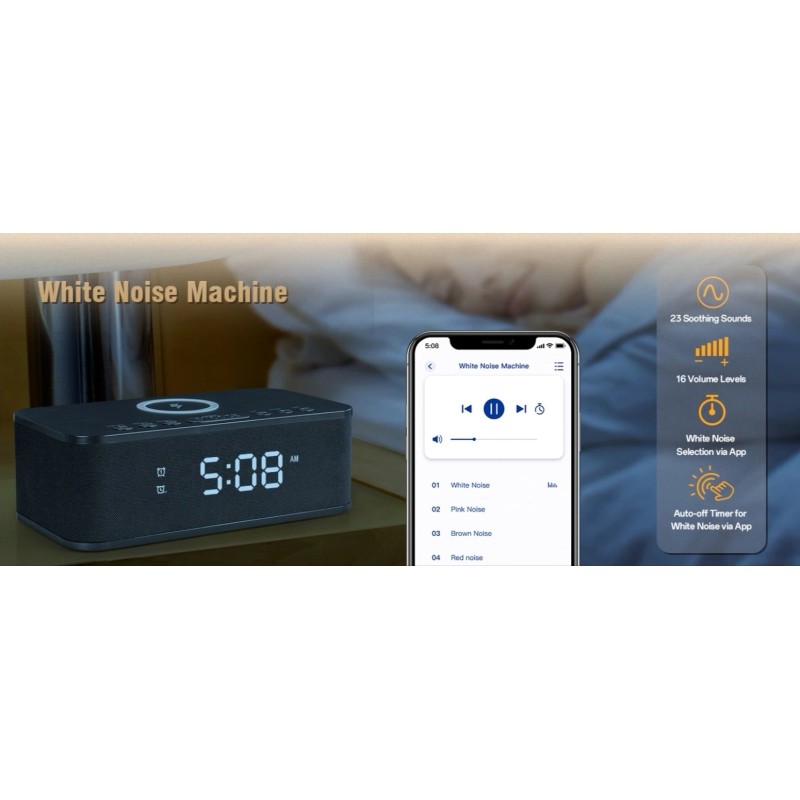 Fansbe Bluetooth speaker, Wireless Charger, White Noise, Dual Alarm Clock,