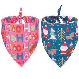 PTDECOR Christmas Dog Bandana, Reversible Holiday Xmas Dog Scarf, Multi Size Offered, Pink Blue Dog Christmas Bandanas for Medium Large Dogs Pets (Pink&Blue, Large)