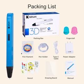 Kretrum Professional 3D Pen for Kids and Adults | 3D Printing Pen with OLED Display as Gift | 3D Drawing Pen with Finger Protector, Pen Hold, 1.75mm PLA Filament, Stencil Bool, Charger | Stylo 3D Blue