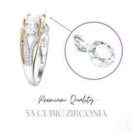 HIDDEN GEMS JEWELRY HGJ 2Ct 925 Sterling Silver 3 Stone Cushion Cut CZ Ring Two tone Cubic Zirconia Engagement Ring for Women Size 5-10