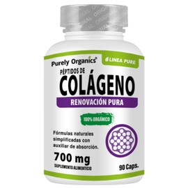 Colágeno hidrolizado o Péptidos de colágeno 700mg. Bote con 90 cápsulas, ingredientes naturales y organicos. Línea Pure de Purely Organics.