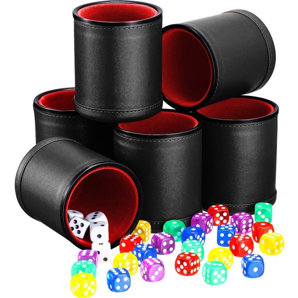 6 Pieces Dice Cup PU Leather Felt Lining Quiet Shaker with 30 Dices Compatible with Craps Backgammon Game (Black)
