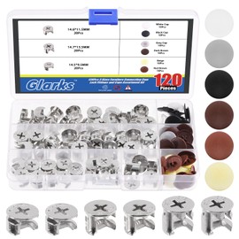 Glarks 120Pcs 3-in-1 Furniture Connecting Cam Fittings with Screw Cap Covers Kit, 6 Colors Self Tapping Screw Caps and 3 Sizes Furniture Cam Lock Fasteners for Cabinet Drawer Wardrobe Panel Connecting